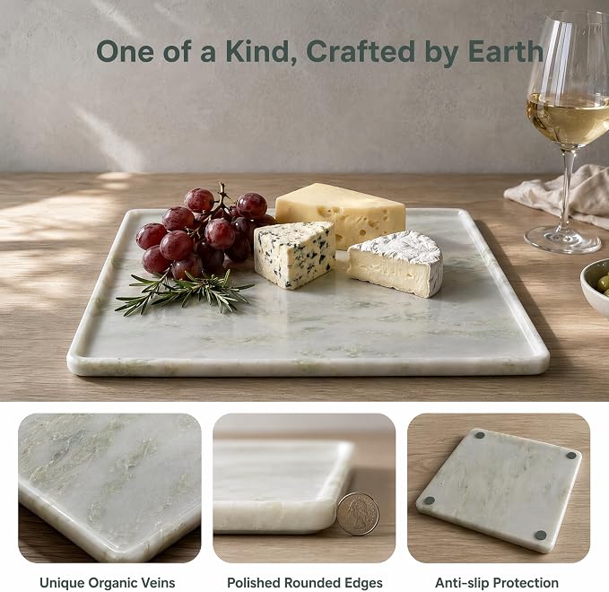 Real Natural Marble Tray 10.2in Square Solid Stone Decorative Plate | Luxury White Marble Decor Tray for Candle, Jewelry, Plant. Food-Safe Solid Stone Serving Dish with Unique Veining