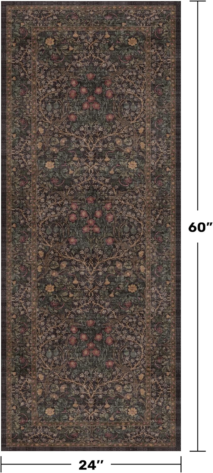 Brown Entryway 2x5 Runner Rug, Small Throw Runners for Kitchen, Bedroom, Bathroom, Laundry Room, Ultra Soft Low-Pile Washable Stain Resistant, Vintage Floral Decor & Non-Slip