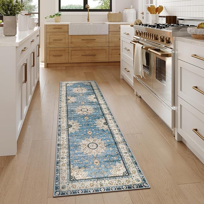 Lahome Felice Oriental Floral Medallion Runner Rug - 2x7 Blue Hallway Runner Rug, Non-Slip Machine Washable Low-Pile Kitchen Entryway Mat Indoor Throw Carpet for Bedside Laundry Bathroom