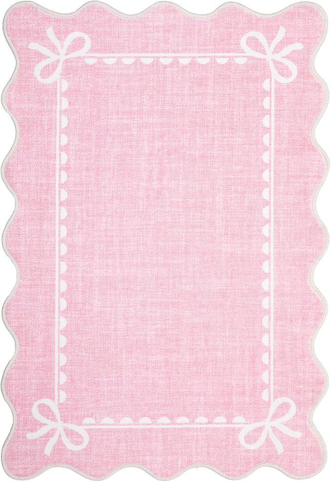 GarveeHome Scalloped Entryway Rug 2x3 Washable Front Door Bow Rug, Pink | Non Slip Soft Low Pile Ultra-Thin Stain Resistant Indoor Carpet for Girls Dorm Nursery Bedroom Decor Hallway Kitchen Floor