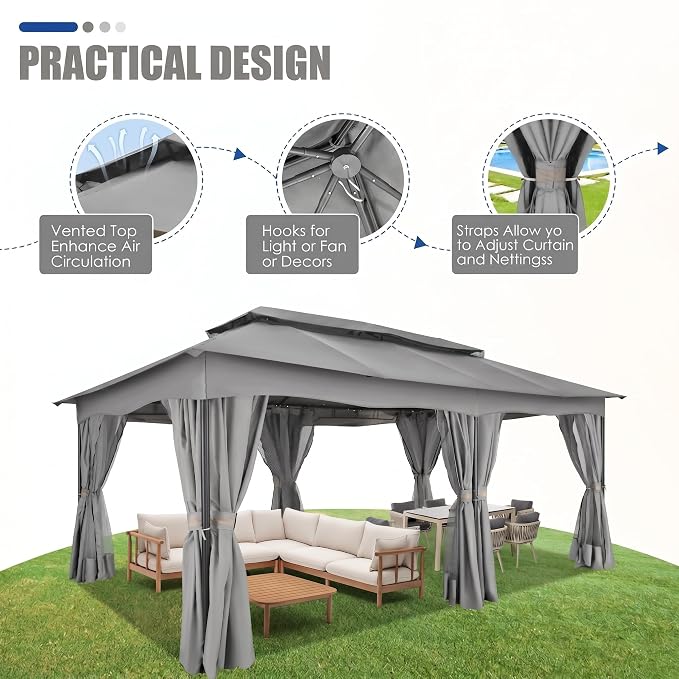 COBIZI Gazebo 12x20 FT Outdoor Gazebo on Clearance with Double Ventilated Arc Roof, Privacy Curtains & Mosquito Netting, Easy Set up Canopy Tent with Stable Metal Frame for Patio Gray
