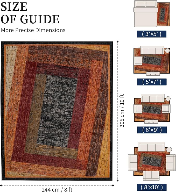 Brown Geometric Woody Area Rug 8x10 for Living Room,Retro Farmhouse Rugs Washable,Vintage Rug Non Slip, Boho Area Rug for Kitchen,Dining Room,Bedroom
