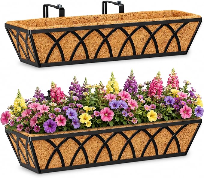 HFHOME 24 inch 2 Pack Railing Planter Boxes, Heavy Duty Window Box Planters, Adjustable Balcony Planters for Railing Hanging, with Coco Liner & Support Rod for Deck, Porch, and Patio Gardening