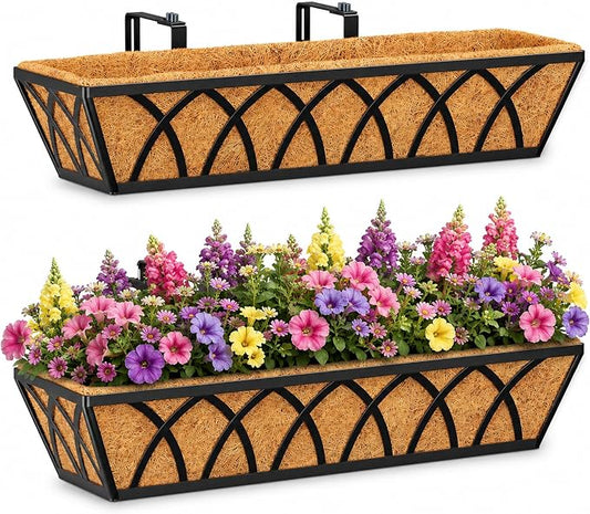 HFHOME 24 inch 2 Pack Railing Planter Boxes, Heavy Duty Window Box Planters, Adjustable Balcony Planters for Railing Hanging, with Coco Liner & Support Rod for Deck, Porch, and Patio Gardening