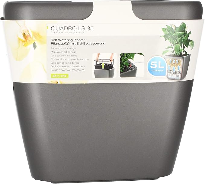 Lechuza Quadro LS 35 Charcoal Metallic, Self-Watering Square Planter, H13 L13.8 W13.8 in