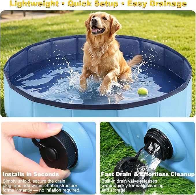 Eooqi Foldable Dog Pool, Collapsible Pet Bath Tub & Kiddie Wading Pool | Portable Hard-Side Dog Swimming Pool for Puppies, Small & Medium Dogs, Cats and Kids (Blue, 32"-S)