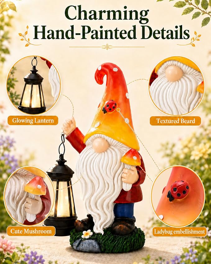 Solar Mushroom Gnome Garden Decor: Outdoor Sculpture with Lantern | IP65 Weatherproof for Yard Balcony Porch Lawn Birthday Gifts for Mom Women Grandma