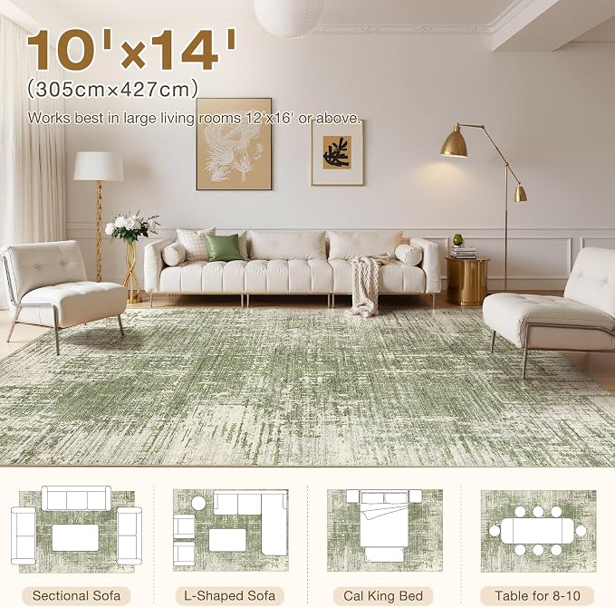 kakania Abstract 10x14 Area Rugs for Living Room: Washable Rugs Green | Soft, Non-Slip, Low-Pile, Pet & Kid Friendly - Large Modern Home Decor Carpet for Bedroom/Dining Room/Office/Nursery