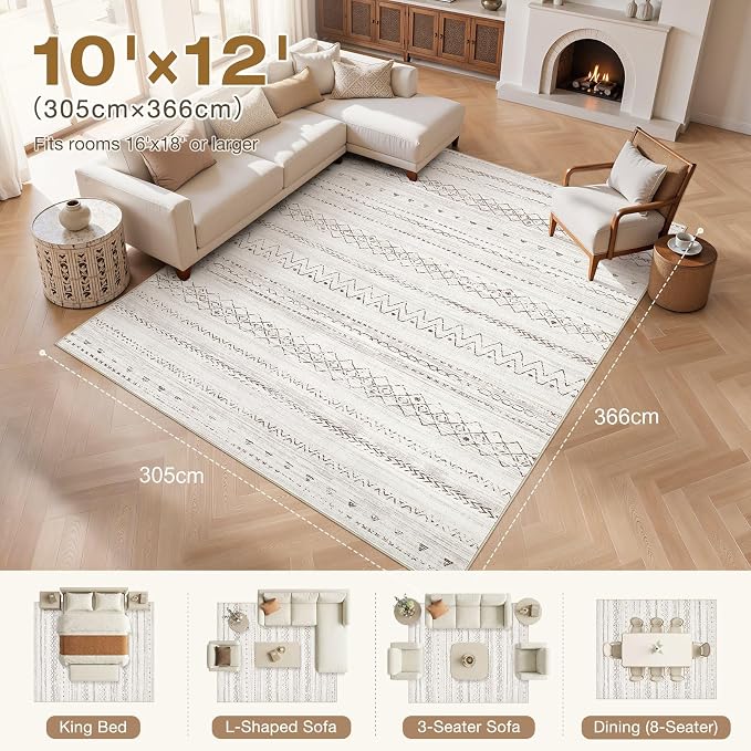 cotiled Boho 10x12 Area Rug for Living Room: Large Moroccan Washable Rug | Solve Modern Neutral Trendy Home Decor - Stain Resistan Carpet for Bedroom Farmhouse Brown