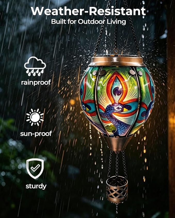 Hot Air Balloon Solar Lantern with Flickering Flame, Glass Hanging Garden Lights Outdoor Waterproof for Tree Yard Patio Mother's Day Gift (Peacock)