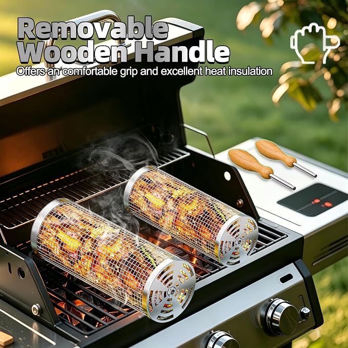 Rolling Grill Basket with Insulated Gloves (2PCS), 304 Stainless Steel Nesting Grill Baskets with Removable Wooden Handles, BBQ Grilling Accessories for Vegetable, Camping, Outdoor, Gifts for Men/Dad