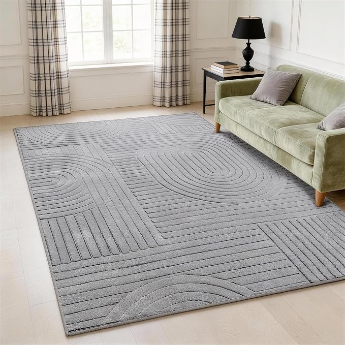5x7 Solid Grey Area Rugs for Living Room, Washable Soft Bedroom Rug | Modern Geometric Boho High-Low Textured Fluffy Non-Slip Carpet for Bedside, Kids Room, Nursery, Entryway, Apartment, Office