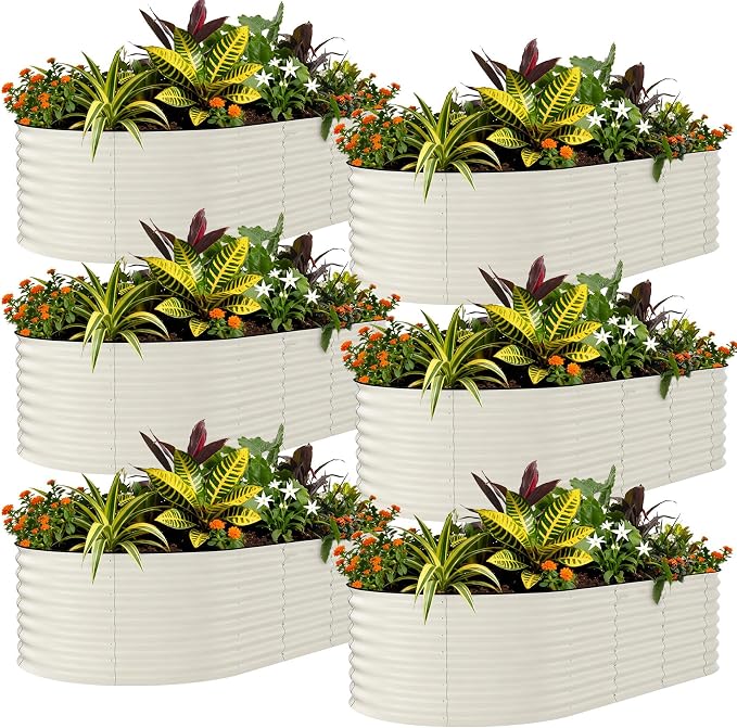 Garvee 8x4x2ft 6 Pack Galvanized Raised Garden Bed Kit, Oval Metal Planter Boxes for Outdoor, Rust-Resistant Deep Root Planters for Vegetables Flowers Herb, Easy Assembly, Beige