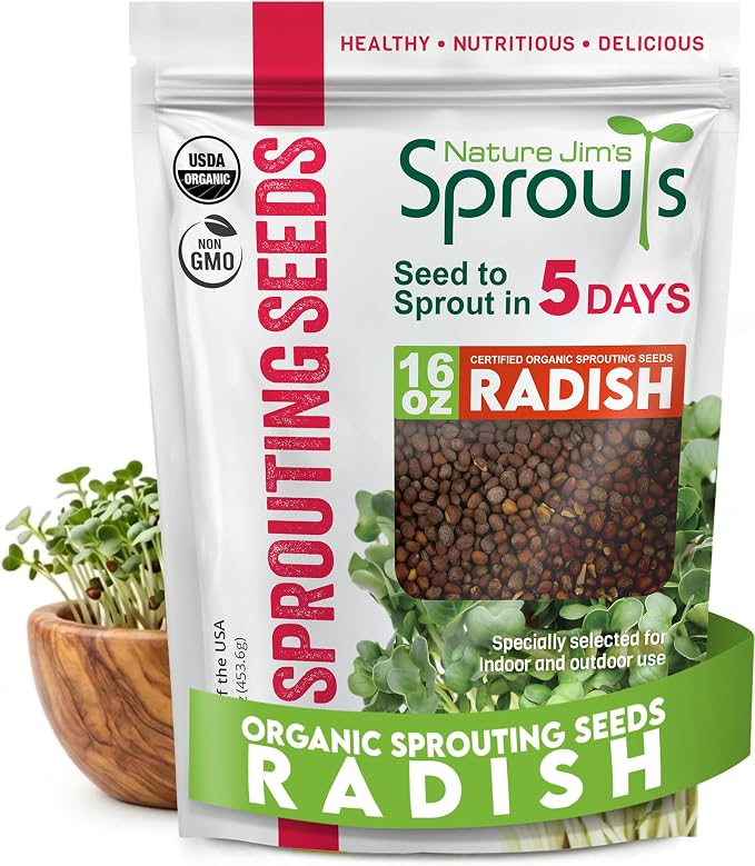 Nature Jims Organic Radish Sprout Seeds – 16 Ounce Premium Non-GMO Radish Seeds for Sprouting, Rich in Vitamins, Minerals, Fiber & Protein – Microgreen & Sprout Seeds for Home Growing