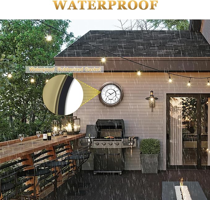 Pytha Sight Illuminated Large Metal Outdoor Clocks Waterproof 15 Inches with AI Auto Light Smart Sensor,Large Indoor Outdoor Wall Clocks with Thermometer & Hygrometer for Patio, Pool, Garden,Porch