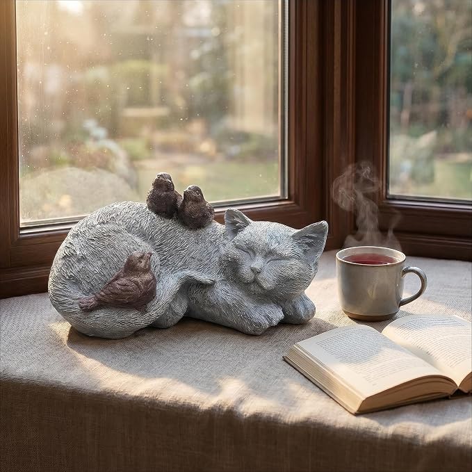 Resin Sleeping Cat Memorial Statue with Birds – Indoor Outdoor Garden Figurine Decor for Patio, Yard & Home, Realistic Tribute Sculpture, Sympathy Gift for Pet Lovers (11.4×7.3×5.9 in)