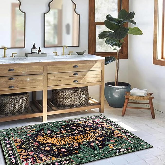 Oriental Tropical Indoor Door Mat Washable, Thin Black Boho Vintage Distressed Hippie 3x5 Throw Rugs for Bedroom Bathroom Kitchen Non-Slip Abstract Botanical Tribal Indian Entryway Carpet