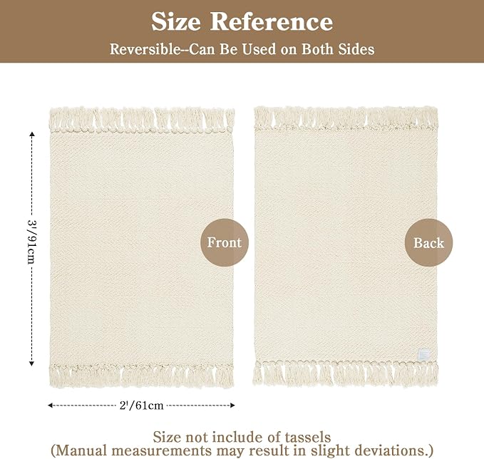 White/Cream Bathroom Rug 2' x 3', Small Farmhouse Kitchen Rugs | Modern Hand Woven Washable Entryway Rugs, Low Profile Front Door Mat, Reversible Braided Carpet for Porch Bedroom Boho Decor