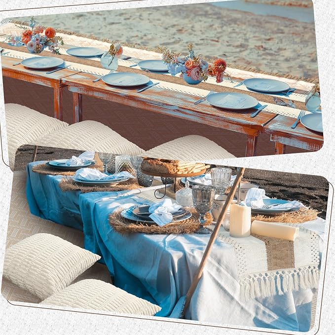 Beeveer Extra Large Outdoor Boho Picnic Blanket 91'' x 71'' Beige White Table Runner 6 Throw Pillow Cover Woven Cotton Yarn Oversize Beach Blanket Washable for Picnic Camp Wedding
