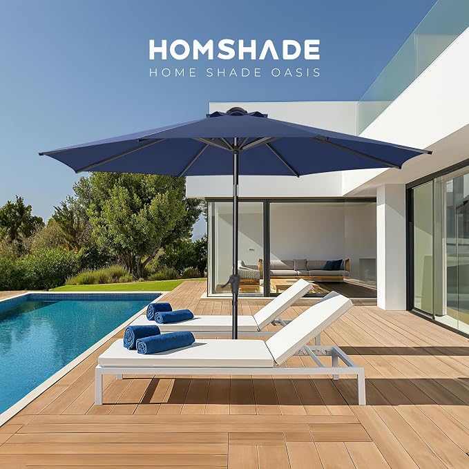 HOMSHADE 9ft Outdoor Patio Umbrella - Market Table Pool Deck Umbrella UPF50+ UV Protection with Push Button Tilt, Crank and 8 Sturdy Ribs (Navy Blue, No base)