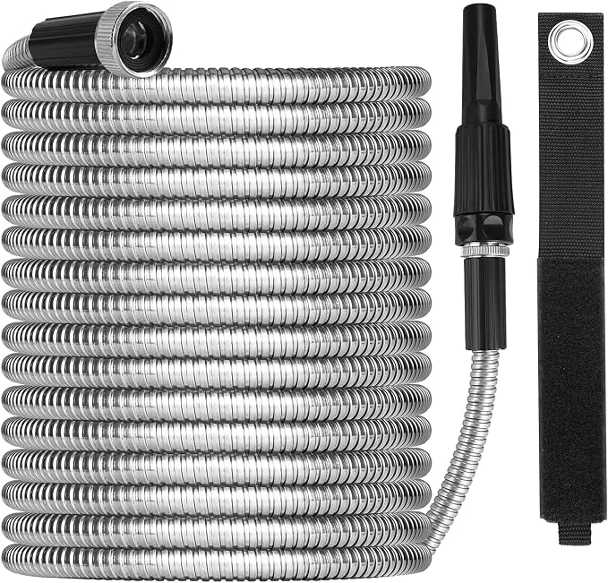 Metal Garden Hose 100ft with Super Tough and Soft Water Hose, Household Stainless Steel Durable Adjustable Nozzle, No Kinks Tangles, Easy to Store Storage Strap