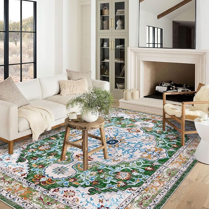 U'Artlines Boho Vintage Area Rug 8x10 Machine Washable Carpet, Green | Low Pile, Non Slip, Ultra-Thin Soft Floor Carpet, Accent Rug for Living Room Bedroom Dining Room Office