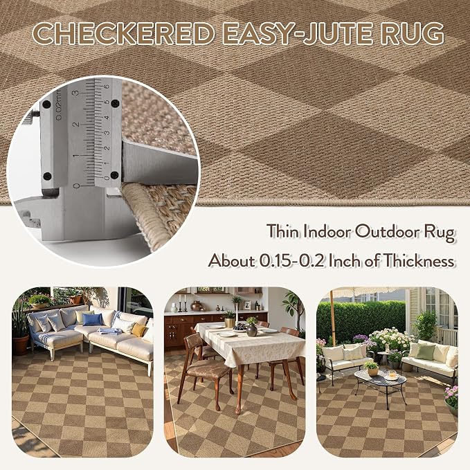 Lahome Colette Checkered Easy Jute 6x9 Rug, Large Rugs for Living Room Dining Room Farmhouse Indoor Outdoor Carpet, Checkerboard Washable Geometric Rug Non Slip Black Carpet for Office Backyard Patio