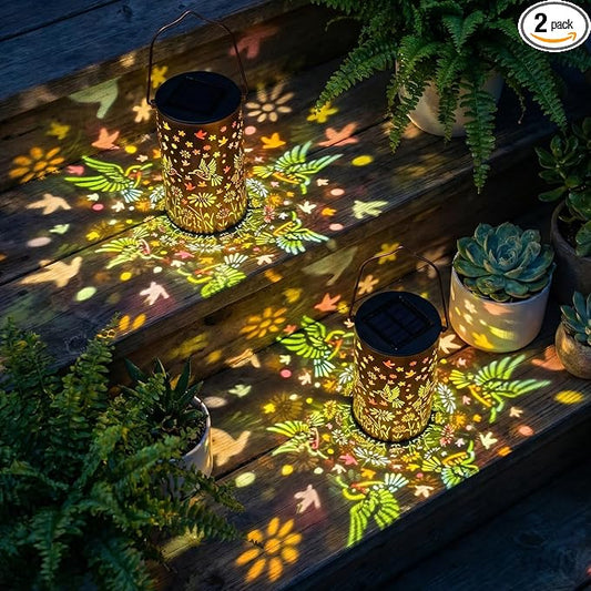 2 Pack Colorful Hanging Solar Lanterns Outdoor Waterproof [6 Hummingbirds], Metal Decorative Hummingbird Solar Lantern for Front Porch Yard Table Path Garden Decor, Ideal Gifts for Mom Wife Grandma