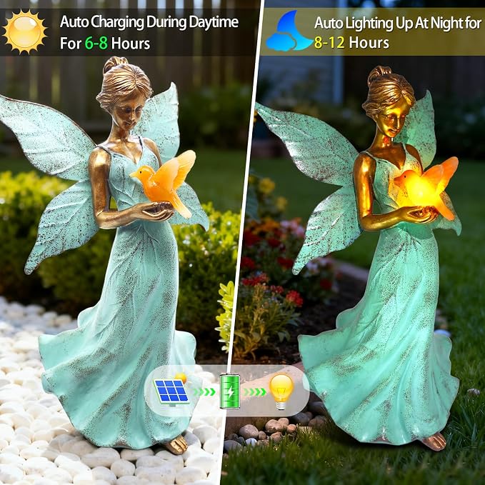 Solar Fairy Garden Statue Decor - 10 Inch Angel Girls Resin Figurine Waterproof Home Decoration with Hummingbird LED Lights for Bedroom Balcony Table Yard Patio, Gifts for Women Mom Birthday