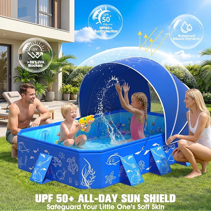 Foldable Kiddie Pool with Canopy Toddler Swimming Pool 53*40*33IN | Foldable Kiddie Pool With Removable Canopy，Delicate Sea-Life Pattern, 0.4mm Thickness Robust Build Pop Up Baby Pool