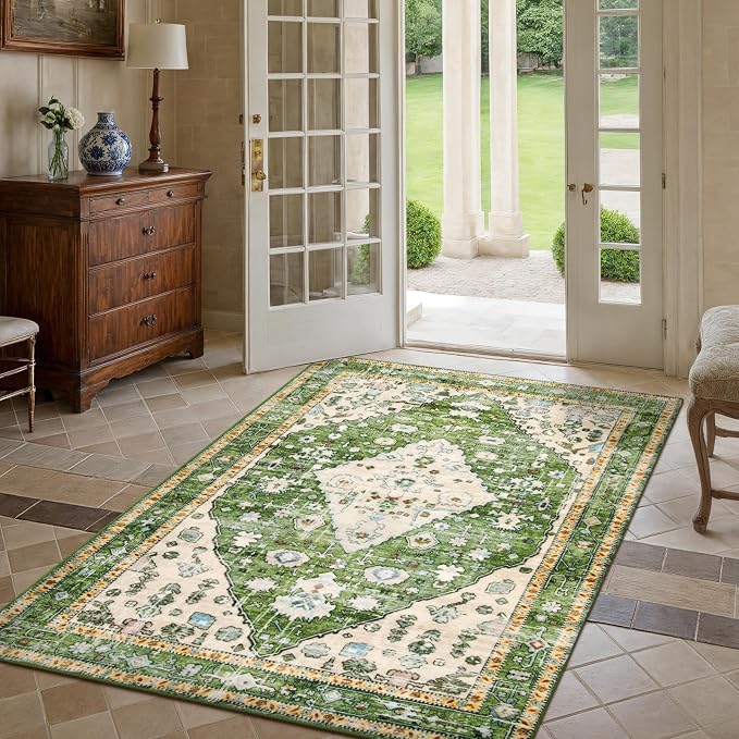 Lahome Felice Boho Tribal Area Rug - 4x6 Green Machine Washable Bedroom Rugs for Living Room, Disstressed Soft Non Slip Indoor Nursery Floor Mat Carpet for Kitchen Table Home Office Camper RV Bar