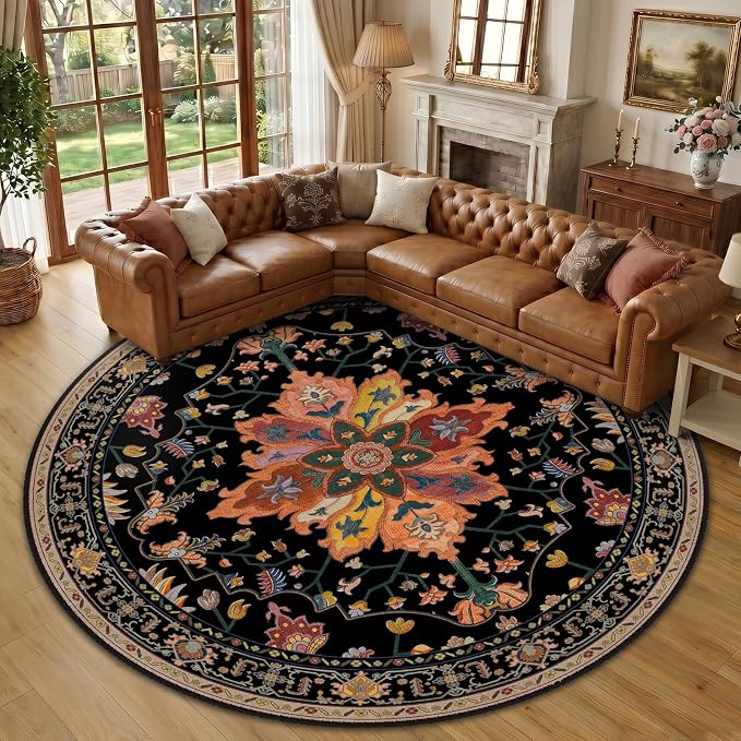 RELEANY Washable Area Rug, Round 10ft, Black/Colorful | Non-Slip, Water Repellent, Pet Friendly, Easy to Clean, Vintage Floral Boho Decor for Living Room Bedroom Dining Room
