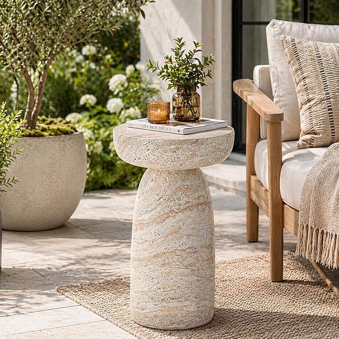 Outdoor Side Table Pedestal, 24" Modern Geometric Accent Coffee Table | Decorative Patio Table for Balcony & Porch, Space-Saving for Small Areas,Planter Stand for Garden or Living Room