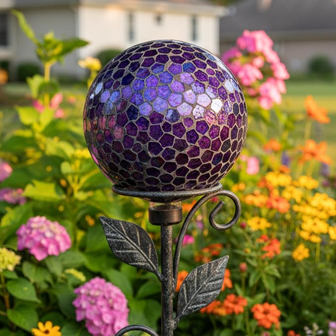 Sunnydaze 10" Mosaic Glass Gazing Ball for Garden, Globe for Outdoor Decor | Iridescent Purple, 2 pk, Decorative Sphere Fits Most Stands, Garden Ball for Outside, Flower Bed, Backyard, or Indoor Display