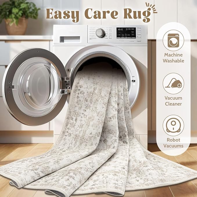 Living Room Rugs 9x12: Washable Moroccan Geometric Boho Rug Farmhouse Non Slip Stain Resistant Large Rug Low Pile Soft Carpet for Bedroom Dining Room Children Room (Beige Floral,9'x12')