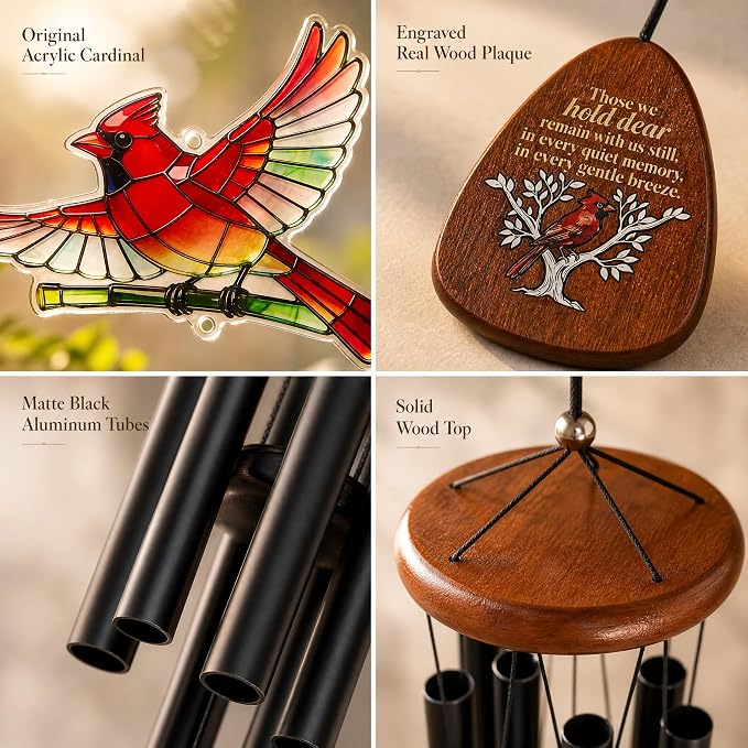 36'' Cardinal Wind Chimes for Outside, Memorial Wind Chimes for Loss of Loved One, Sympathy Gifts for Loss of Mother Dad Husband, in Memory of Loved One Gifts with Condolence Card