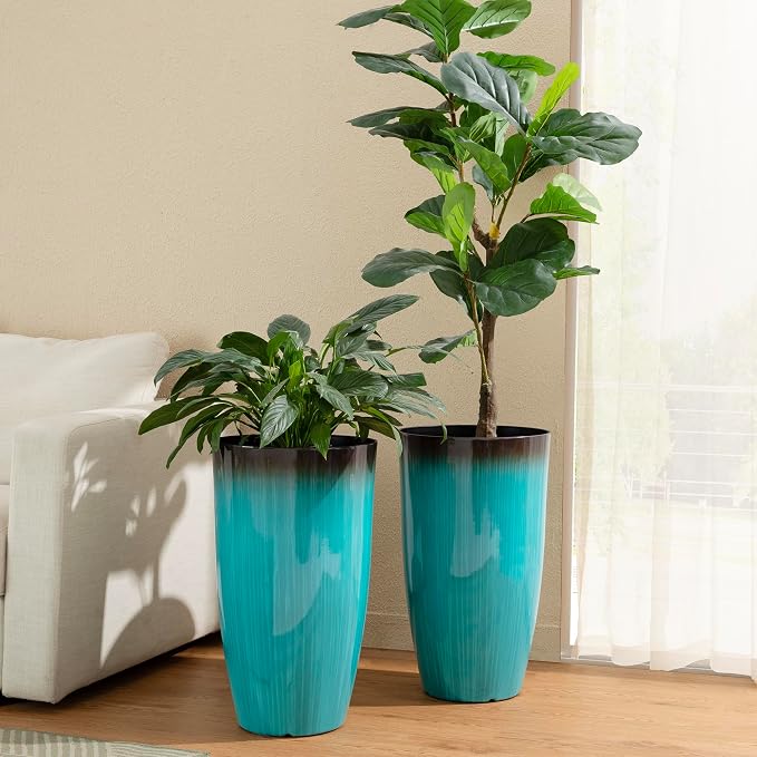 Glitzhome 23.5" H Tall Outdoor Planter, Set of 2 Large Tall Planters with Gradient Turquoise Faux Ceramic Finish, Large Flower Pots for Porch Garden Patio Indoor All Season Decor,with Drainage Holes