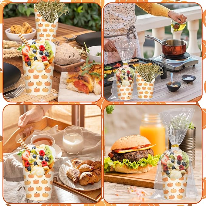 FYSUIMU 50Pcs Fall Thanksgiving Charcuterie Paper Cups with Sticks Bags Twist Ties 14oz Pumpkin Disposable Appetizer Cups French Fry Holder for Autumn Harvest Thanksgiving Party Supplies