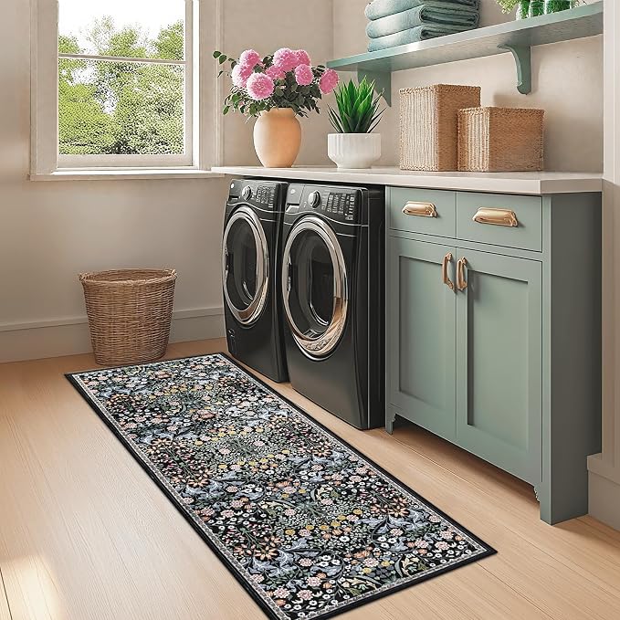 PLHXFR 2.6x8 Washable Runner Rug：Floral Indoor Kitchen Carpet Dark Black | For Hallway Bedroom Kitchen Laundry Bathroom Dorm,Vintage Floral,Machine washable,Non Slip,Stain Resistant,Indoor Floor