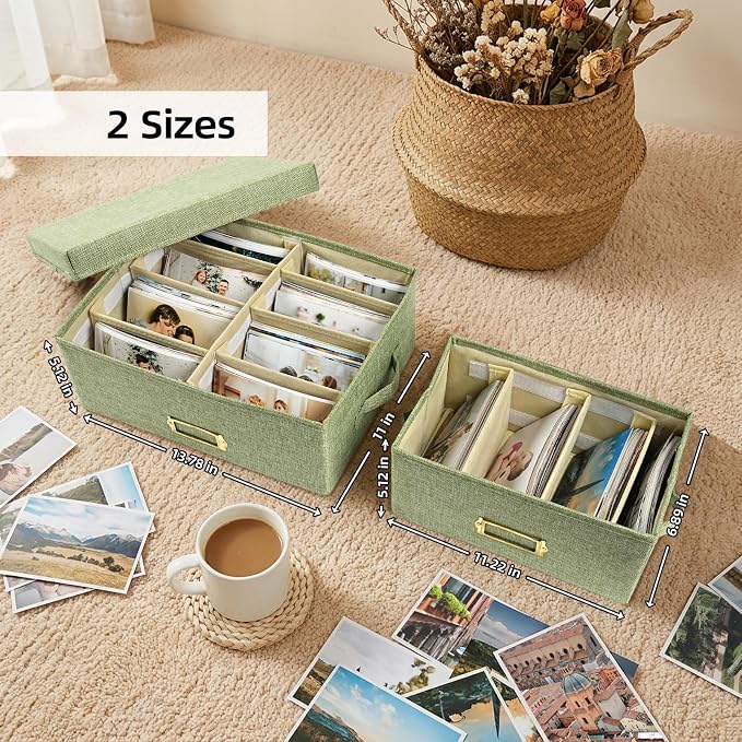 Linen Photo Storage Box with Adjustable Hook and Loop Dividers, Holds 850 4"x6" Photos, Collapsible Picture Organizer with Handle and Label Stickers, Memory Keepsake Box for Women, Grass Green