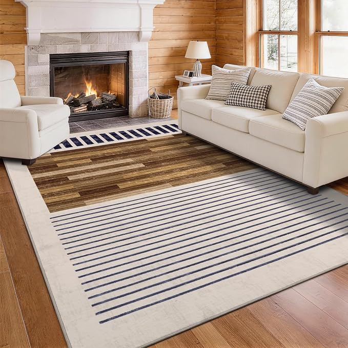 5x7 Washable Area Rug for Living Room, Modern Geometric, White Brown Black | Abstract Striped Color Block, Ivory Low Pile Non Slip Rug for Bedroom Dining Room Office, Soft Faux Wool