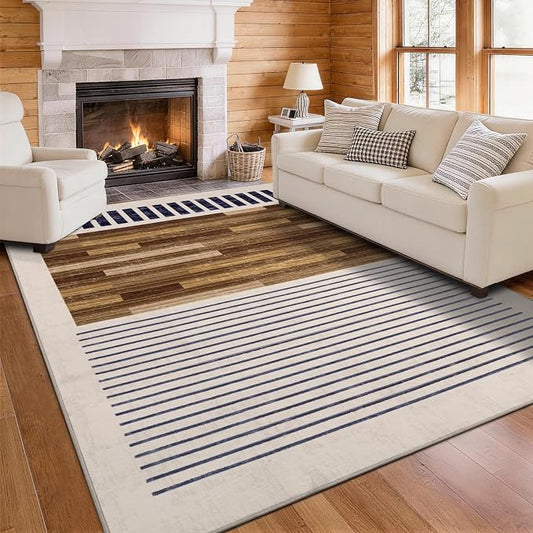 6x9 Washable Area Rug for Living Room, Abstract Striped, White Brown Black | Modern Geometric Color Block, Ivory Low Pile Non Slip Rug for Bedroom Dining Room Office, Soft Faux Wool