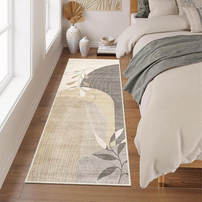 Washable Runner Rug 2x6 Area Rug Non Slip Mid Century Modern | Long Throw Carpet for Hallway Kitchen Bedroom Bedside Laundry Room Floor Boho Abstract Retro Geometric Neutral Beige