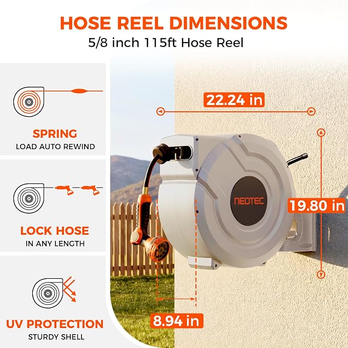 NEO-TEC 115ft 5/8" Retractable Garden Hose Reel with Auto Rewind Any Length Lock Heavy Duty Hose Reel,9-Pattern Nozzle,180°Swivel,UV Resistant Wall Mount Hose Reel for Outdoor Garden Car Patio