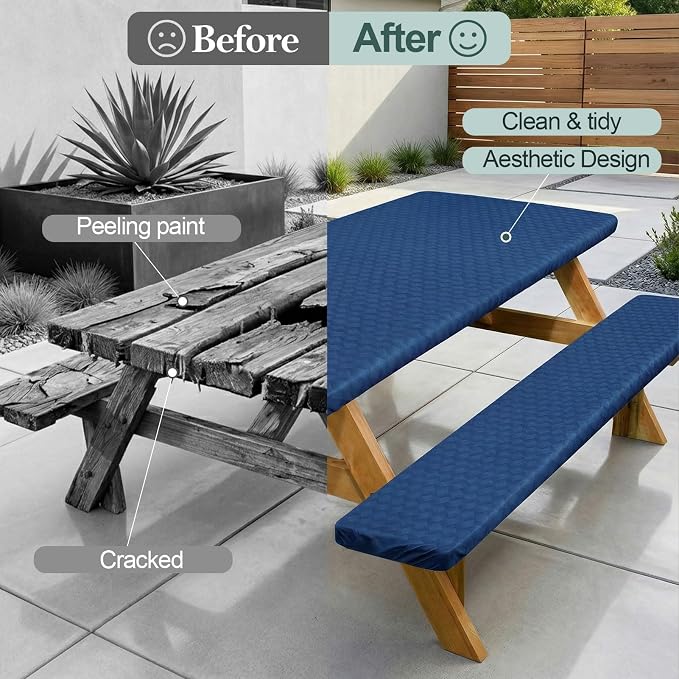 Picnic Table Cover with Bench Covers Camping Essentials Waterproof Windproof Camping Tablecloth with Drawstring Bag, Fitted Rectangle Tables and Seats, 60in, Deep Blue