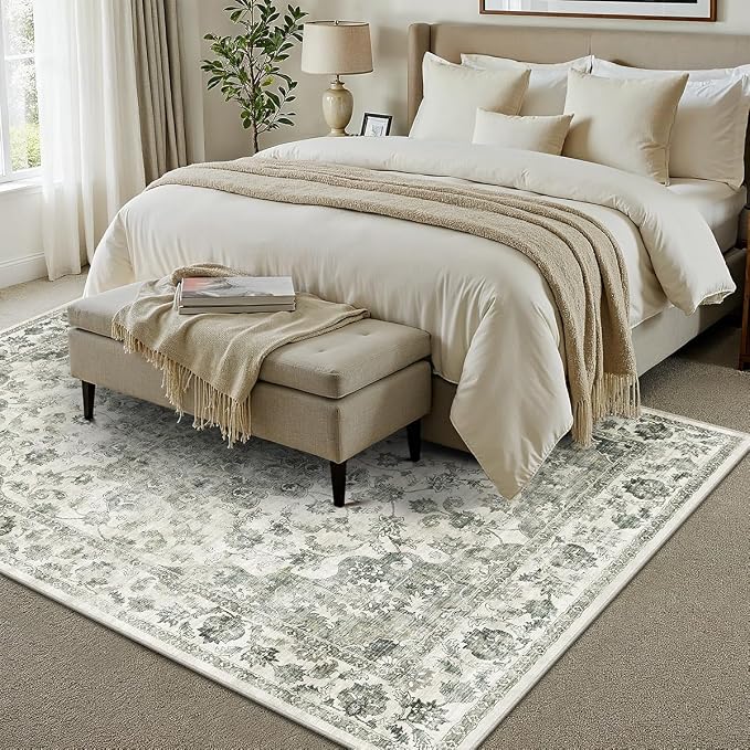 10x12Green Neutral Area Rug | Washable, Non Slip, Soft Low Pile, Vintage Farmhouse, Large, for Living Room Bedroom Dining Room Office Indoor Home Decor