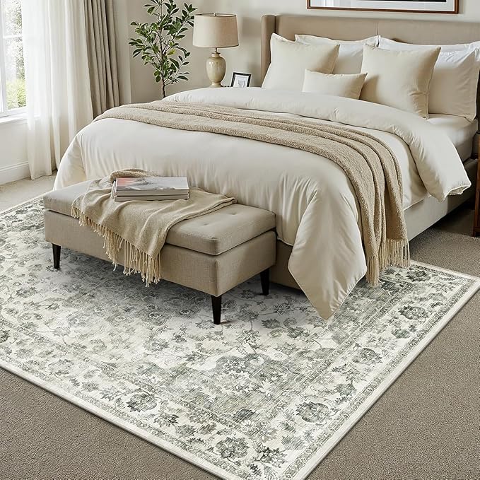 6x9 Green Neutral Area Rug | Washable, Non Slip, Soft Low Pile, Vintage Farmhouse, for Living Room Bedroom Dining Room Office Indoor Home Decor
