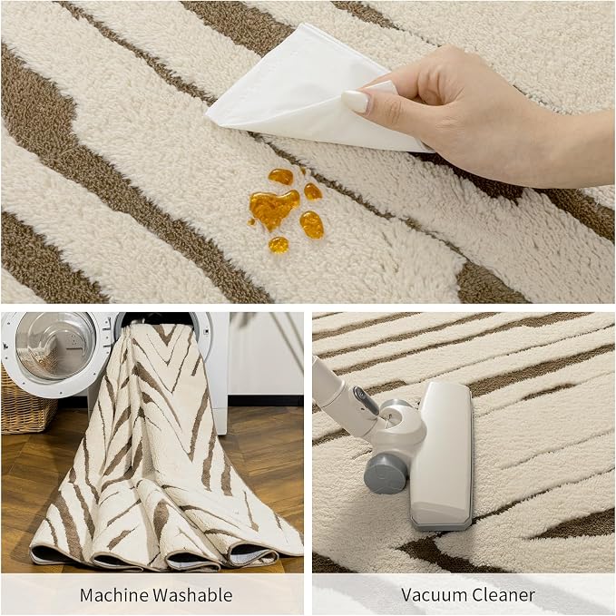 8x10 Area Rug for Living Room, Large Washable Cream Brown Rug | Large Washable Rug for Living Room, Dining Room, Bedroom, and Family Room with Abstract Stripes and Non-Slip Backing.