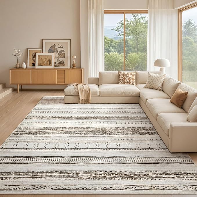 Tortania Area Rug Living Room Rugs - 12x15 Washable Large Soft Neutral Boho Moroccan Bohemian Farmhouse Rug Indoor Floor Carpet for Bedroom Under Dining Table Home Office Decor - Beige