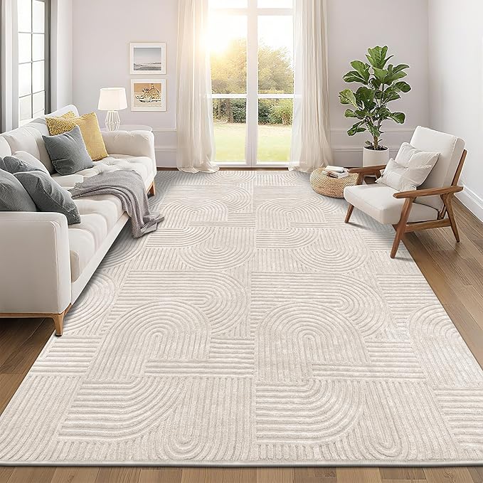 Pauwer 9x12 Area Rugs for Living Room, Modern Non Slip Washable Rug, Beige | Arch Pattern, Soft Fluffy, Neutral, Boho Accent, Solid Color Floor Carpet, For Kids Room Dining Room Nursery Entryway